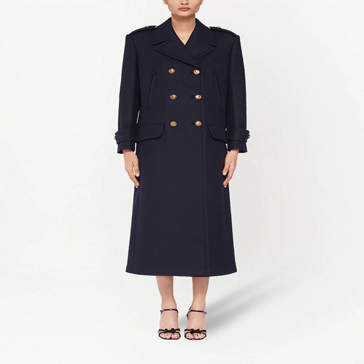 Damen Doppelreihiger militärinspirierter Maxi‑Wollmantel mit Epauletten und Zierriegeln Echoarchiv