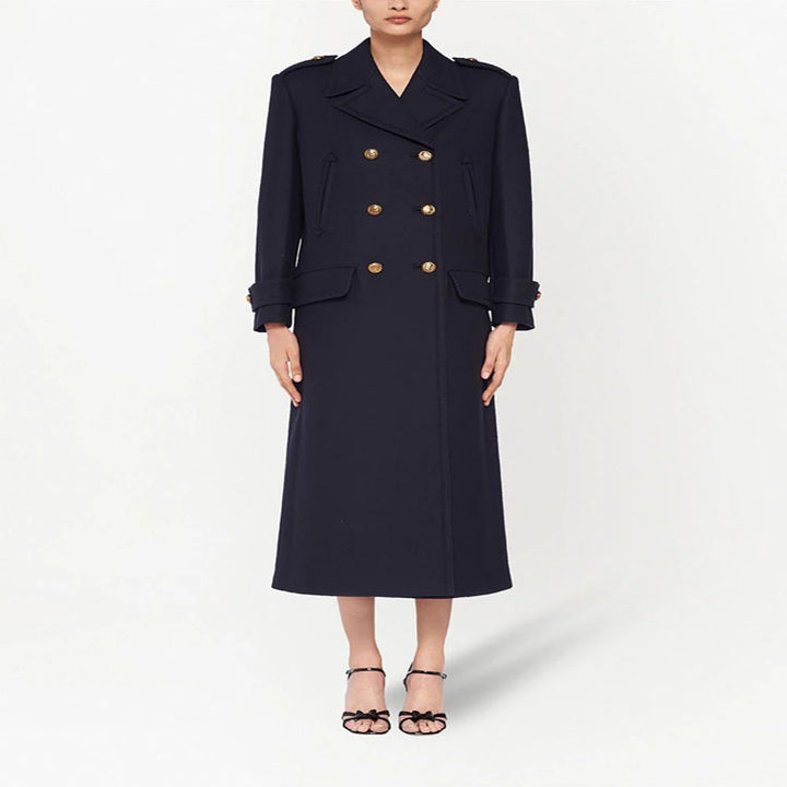 Damen Doppelreihiger militärinspirierter Maxi‑Wollmantel mit Epauletten und Zierriegeln Echoarchiv