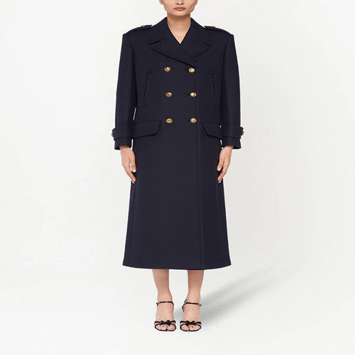 Damen Doppelreihiger militärinspirierter Maxi‑Wollmantel mit Epauletten und Zierriegeln Echoarchiv