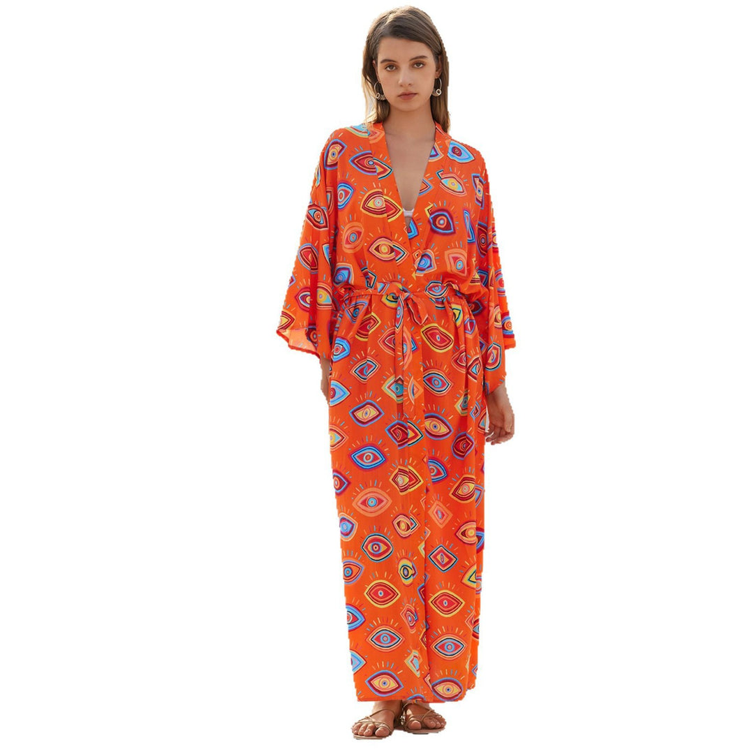 Damen Langer Kaftan‑Kimono mit Taillengürtel, V‑Ausschnitt & grafischem Augenprint Echoarchiv