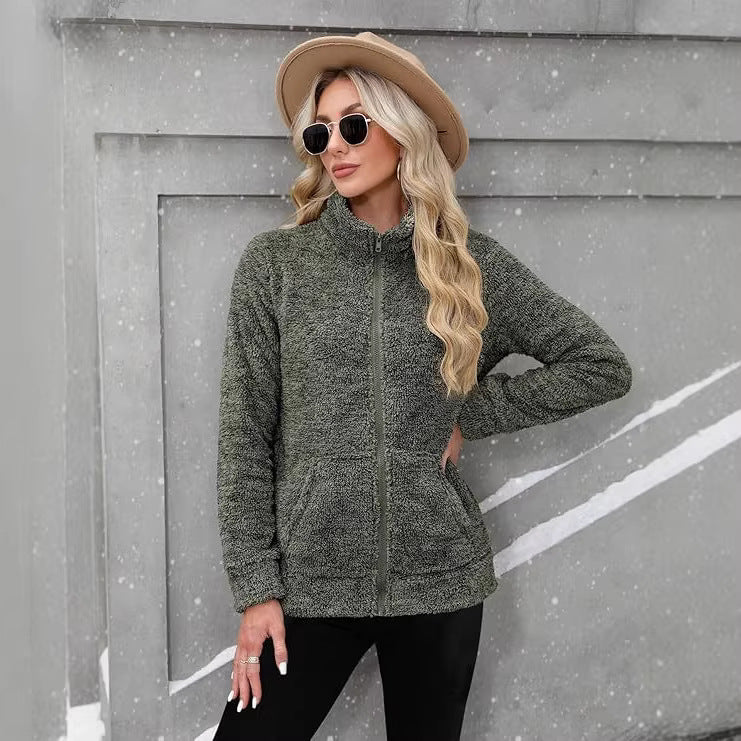 Damen kuschelige Teddy-Fleecejacke mit durchgehendem Reißverschluss, Stehkragen und seitlichen Eingrifftaschen – Célinea