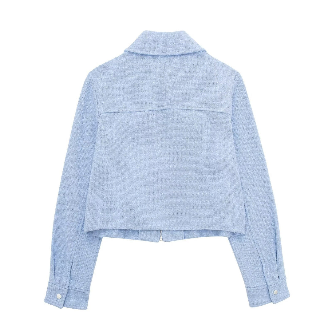 Damen strukturierte Kurzjacke im Bouclé-Look mit Reißverschluss und Hemdkragen – Célinea