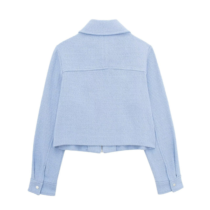 Damen strukturierte Kurzjacke im Bouclé-Look mit Reißverschluss und Hemdkragen – Célinea