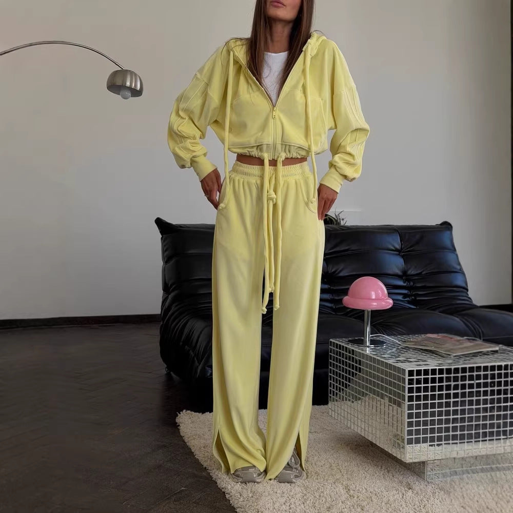 Damen Cropped Kapuzenjacke mit Kordelzug und weitem Split-Hose Lounge-Set – Auréline