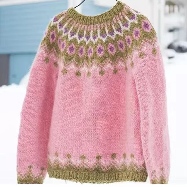 Damen nan melierter Rundhalsausschnittpullover mit kreisförmigem Jacquard-Yoke und geripptem Saum Echo Archiv