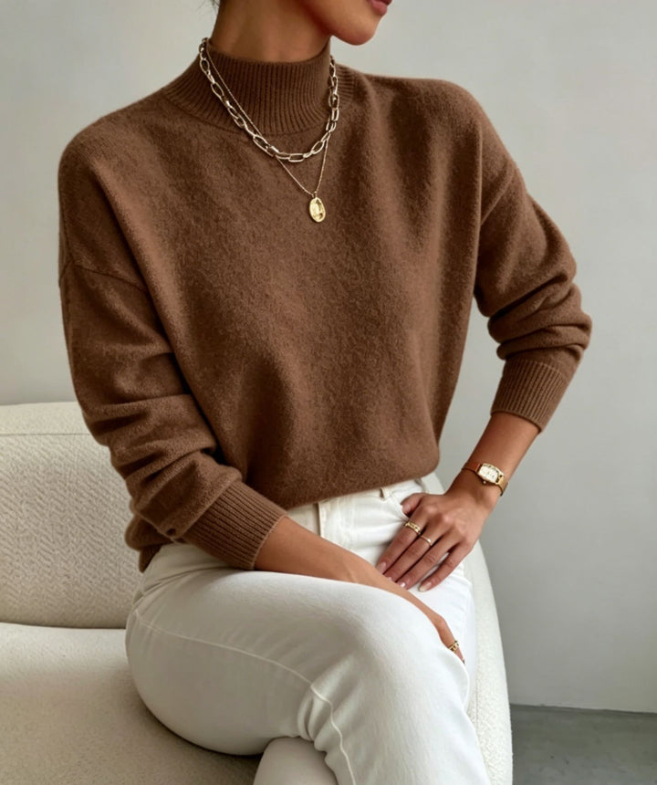 Damen kuscheliger Feinstrickpullover mit Stehkragen und überschnittener Schulter – Mavelle