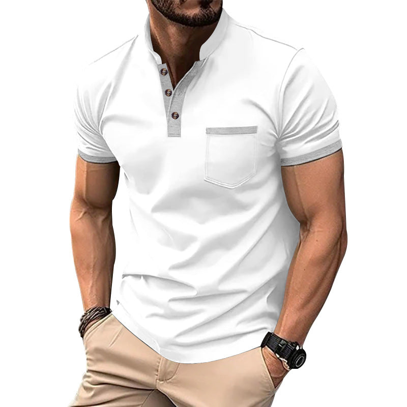 Herren Kurzarm-Henley-T-Shirt mit Button-Down-Kragen und Brusttasche Echoarchiv