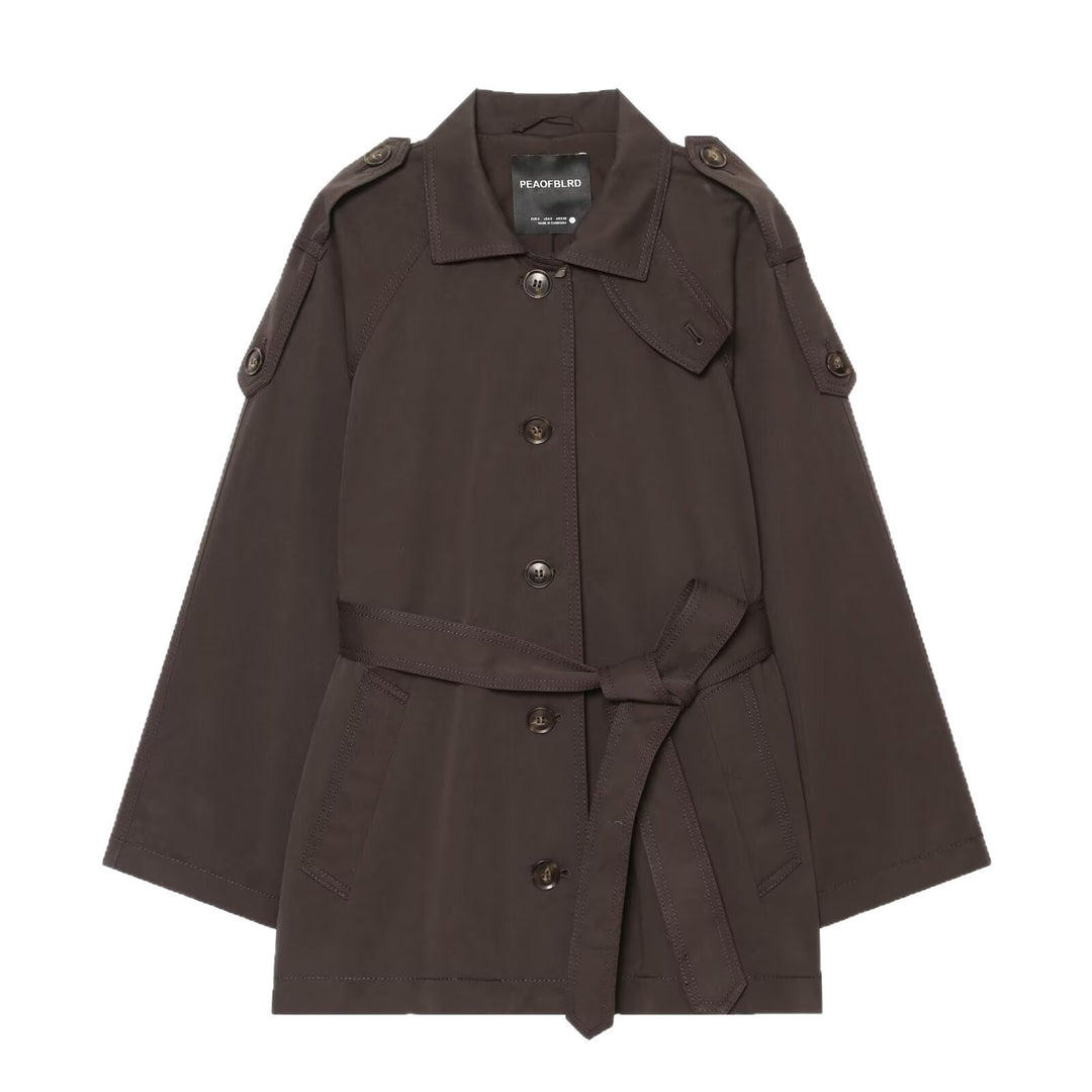 Damen Kurzer Cape‑Trench mit Bindegürtel und Epauletten Echoarchiv