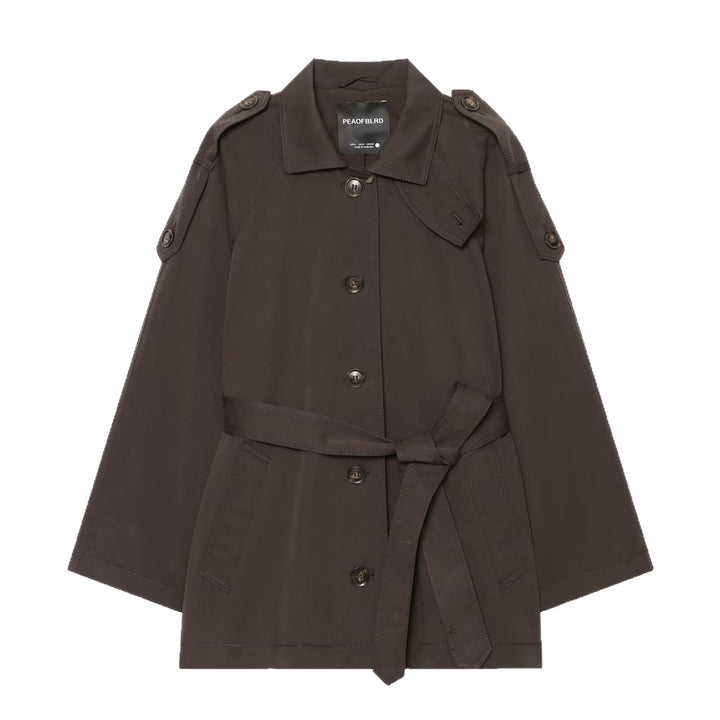 Damen Kurzer Cape‑Trench mit Bindegürtel und Epauletten Echoarchiv