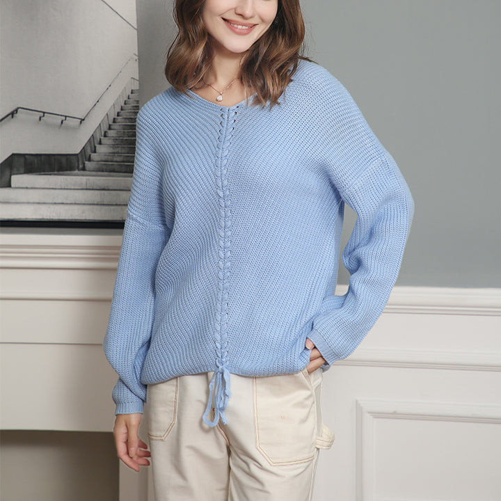 Damen Strickpullover mit Zopfmittelnaht, V‑Ausschnitt und Kordelzug Echo Archiv