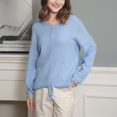 Damen Strickpullover mit Zopfmittelnaht, V‑Ausschnitt und Kordelzug Echo Archiv
