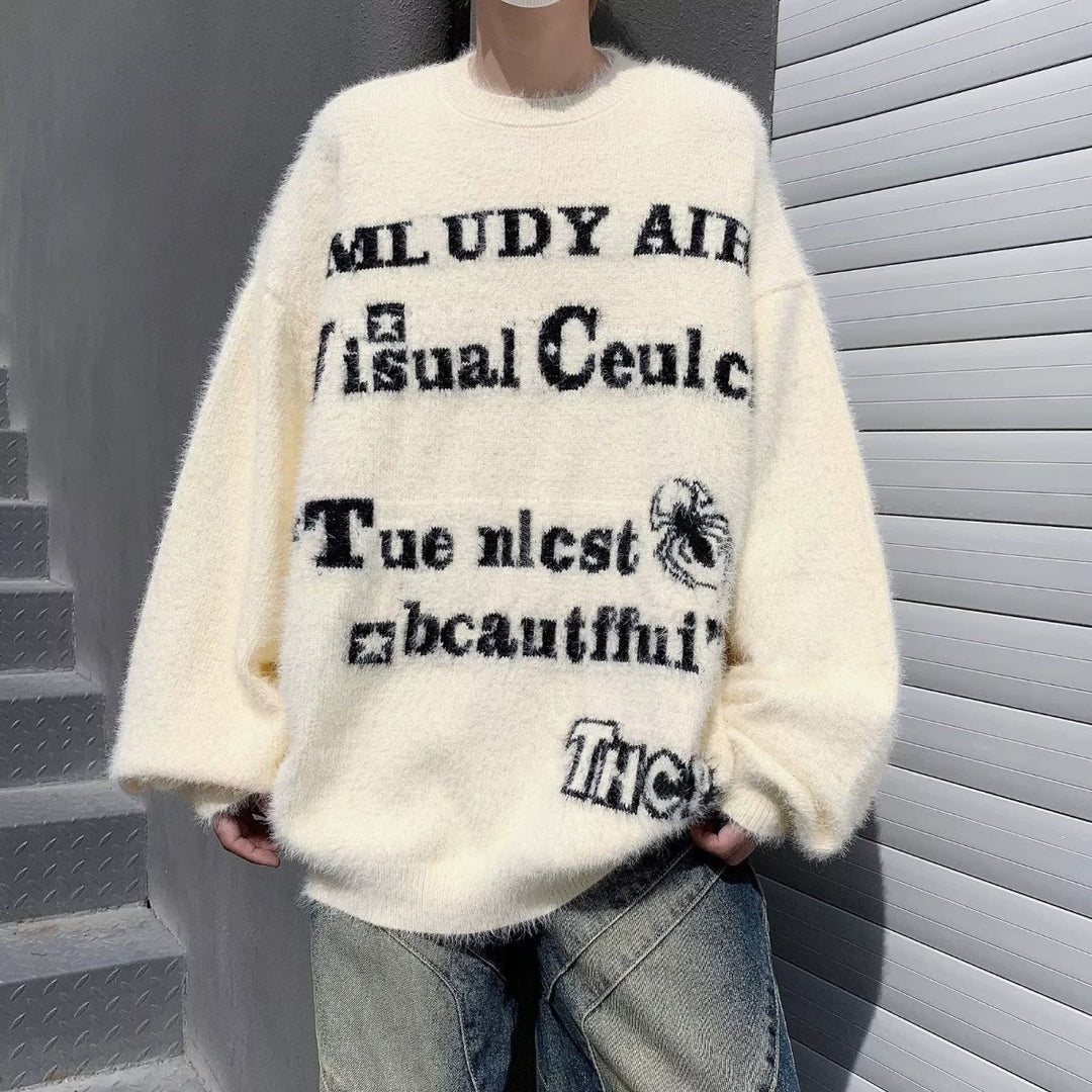 Damen Oversized Strickpullover mit grafischem Schriftzug Echoarchiv