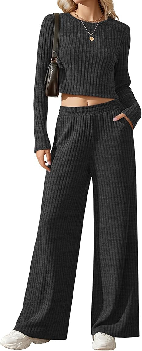 Damen Geripptes Feinstrick-Lounge-Set mit Cropped Langarmtop und High-Waist Palazzohose Echoarchiv