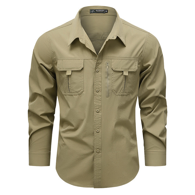 Men's technical long-sleeve utility shirt with dual flap chest pockets and concealed zip utility pocket – Arvello