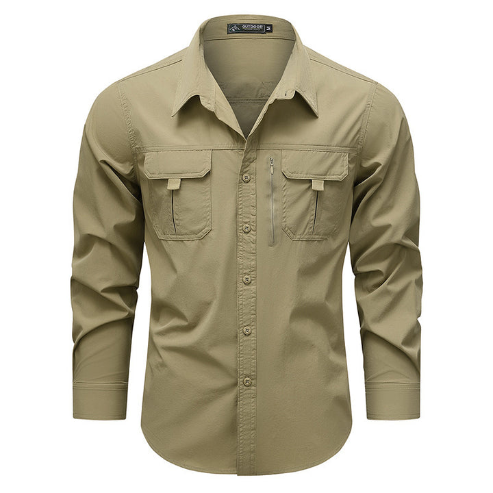 Men's technical long-sleeve utility shirt with dual flap chest pockets and concealed zip utility pocket – Arvello