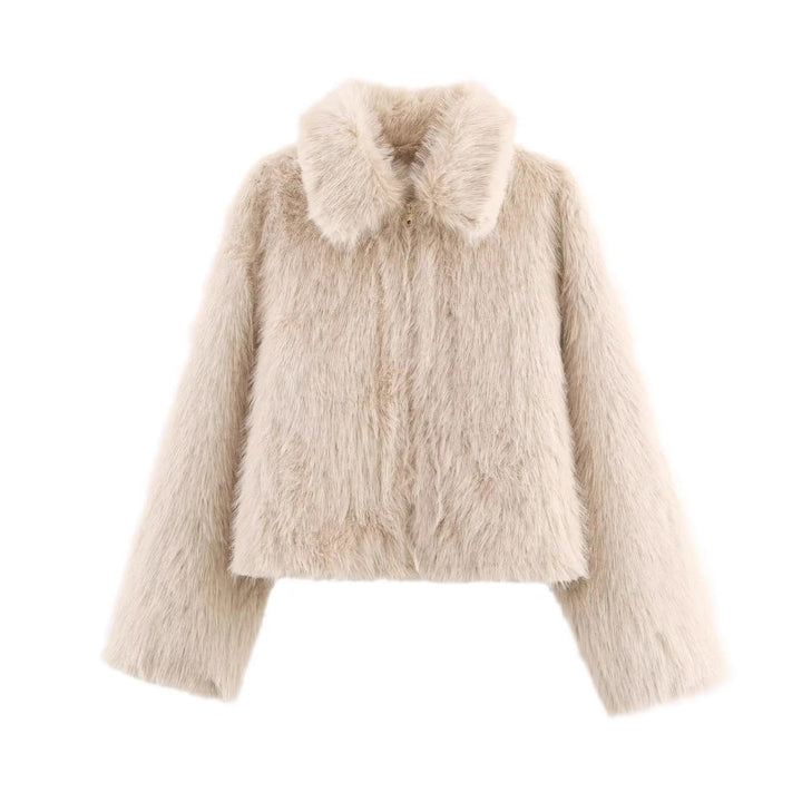 Damen kurzer Kunstfellblouson im Cropped-Schnitt mit voluminösem Umlegekragen – Célinea