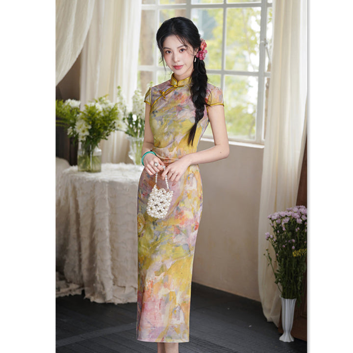 Damen Langes Kleid mit floralem Design und hochgeschlossenem Kragen Echo Archiv