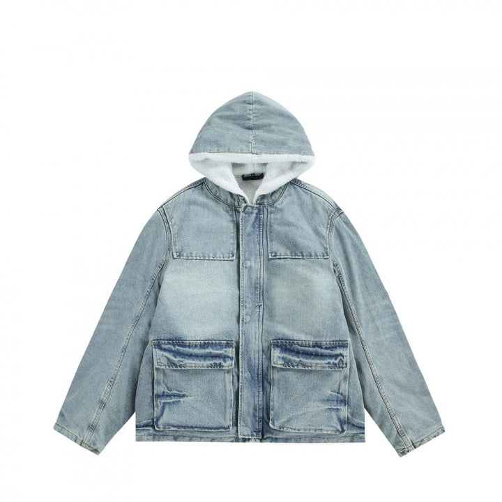 Unisex Kapuzen-Jeansparka im Used‑Look mit Teddyfleece-Futter und aufgesetzten Pattentaschen Echo Archiv