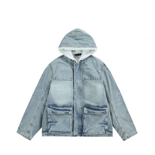 Unisex Kapuzen-Jeansparka im Used‑Look mit Teddyfleece-Futter und aufgesetzten Pattentaschen Echo Archiv