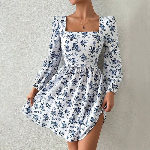 Damen florales Minikleid mit quadratischem Ausschnitt tailliertem Schößchen und langen Puffärmeln – Élara