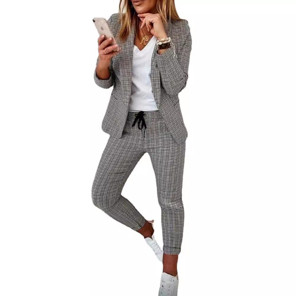 Damen nan zweiteiliges Karomuster Business-Casual Blazer-Set mit elastischer Bundhose Echo Archiv
