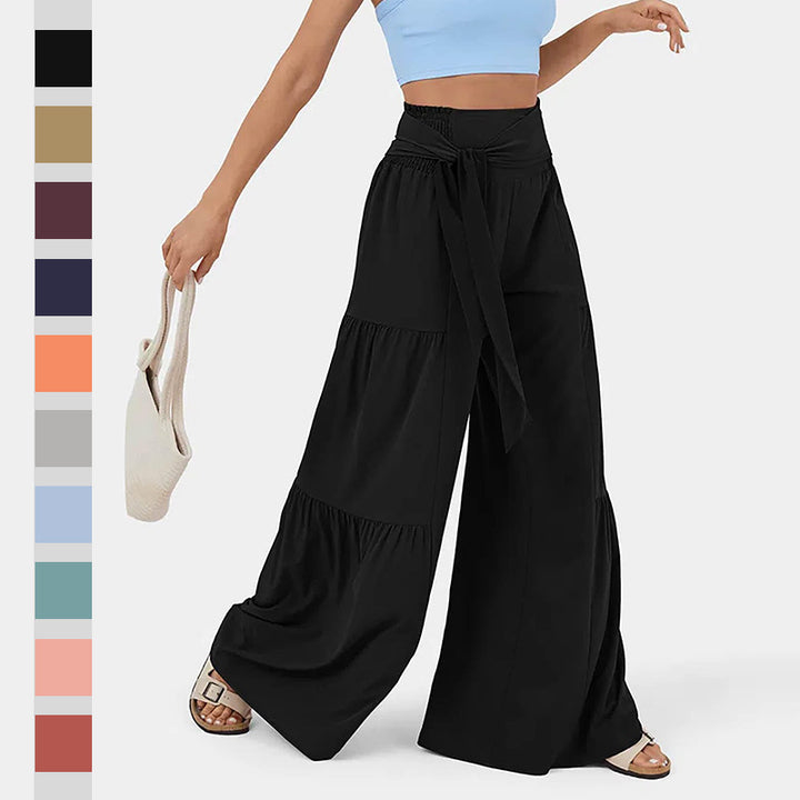 Damen weite Palazzo-Hose mit hoher Taille, bindbarem Taillenband und Stufensaum – Avérine