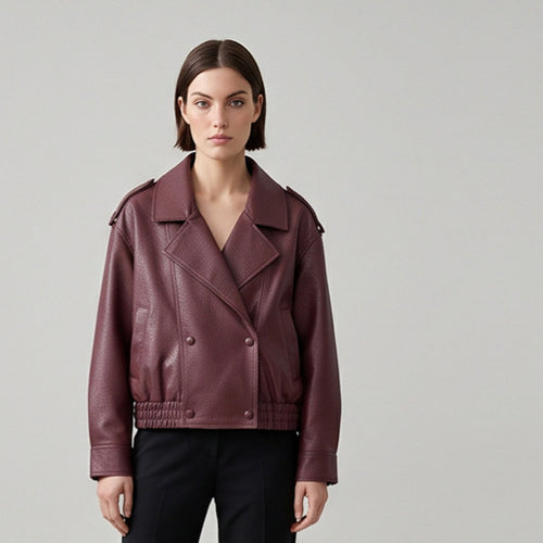 Damen Boxy-Lederimitat-Blouson mit strukturierter Narbung, doppelreihiger Knopfleiste & elastischem Saum Echoarchiv