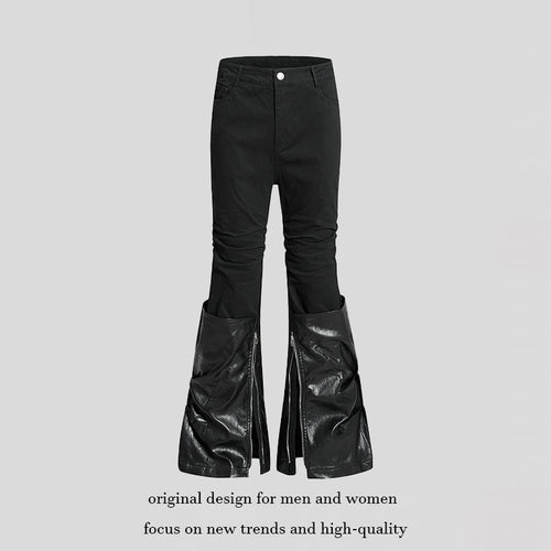 Damen High‑Waist Schlaghose mit abnehmbaren Kunstleder‑Unterschenkeln und Reißverschluss-Details Echoarchiv