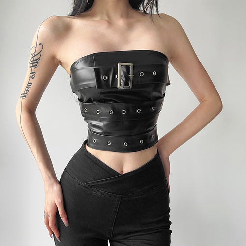 Damen Couture Oberteil aus Leder mit dekorativen Schnallen und Ösen Echo Archiv