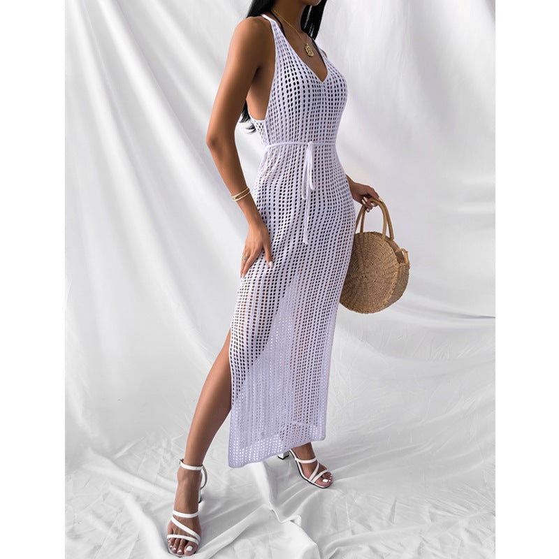Damen gehäkeltes Maxikleid mit tiefem V-Ausschnitt und seitlichem Schlitz Echo Archiv