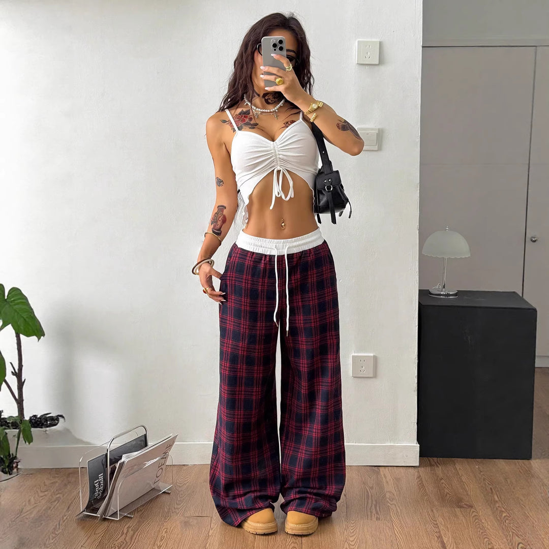 Damen weite karierte Lounge-Hose mit hohem Gummibund und Kordelzug Echo Archiv
