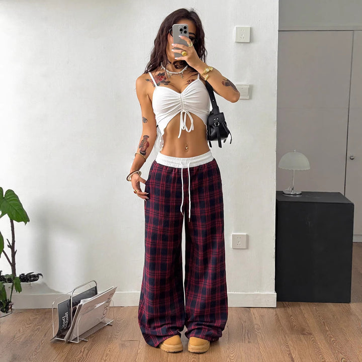 Damen weite karierte Lounge-Hose mit hohem Gummibund und Kordelzug Echo Archiv