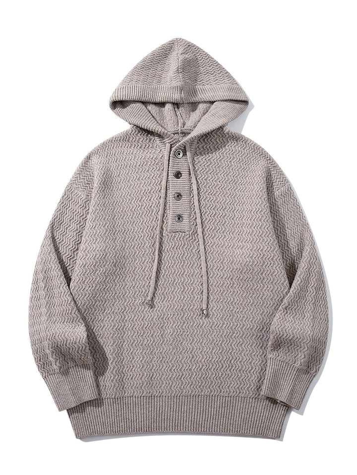 Unisex Strukturierter Kapuzen‑Strickpullover mit Henley‑Knopfleiste Echoarchiv