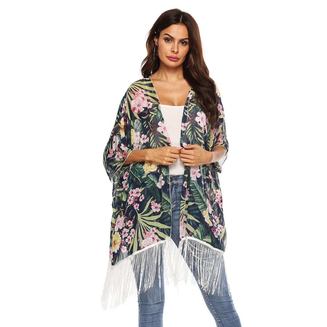 Damen Kimono mit floralem Design und Fransen Echo Archiv