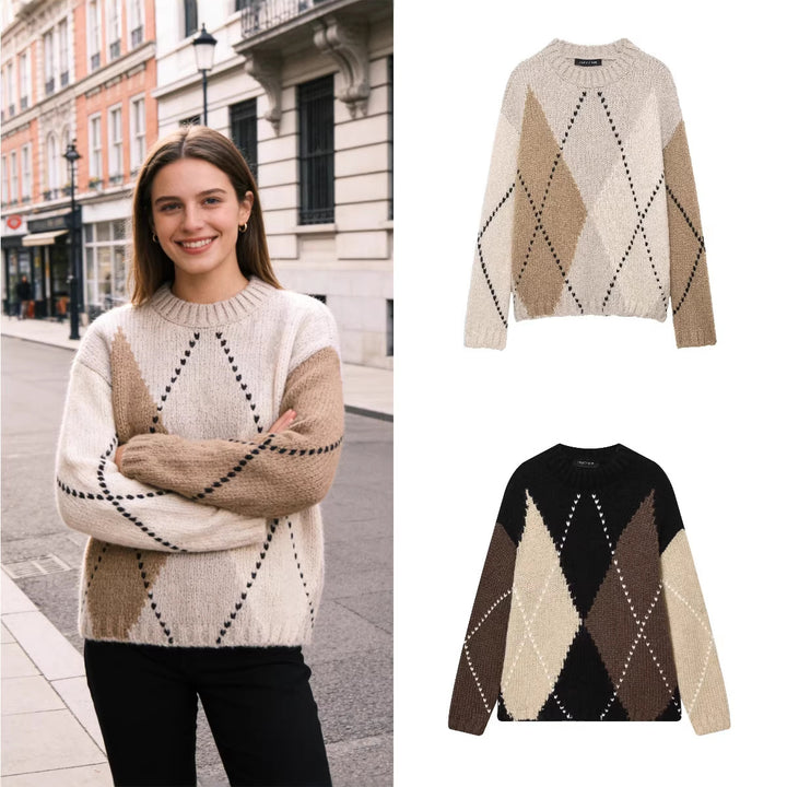 Damen Grobgestrickter Argyle-Pullover mit Oversize-Schnitt und Rippkragen Echo Archiv
