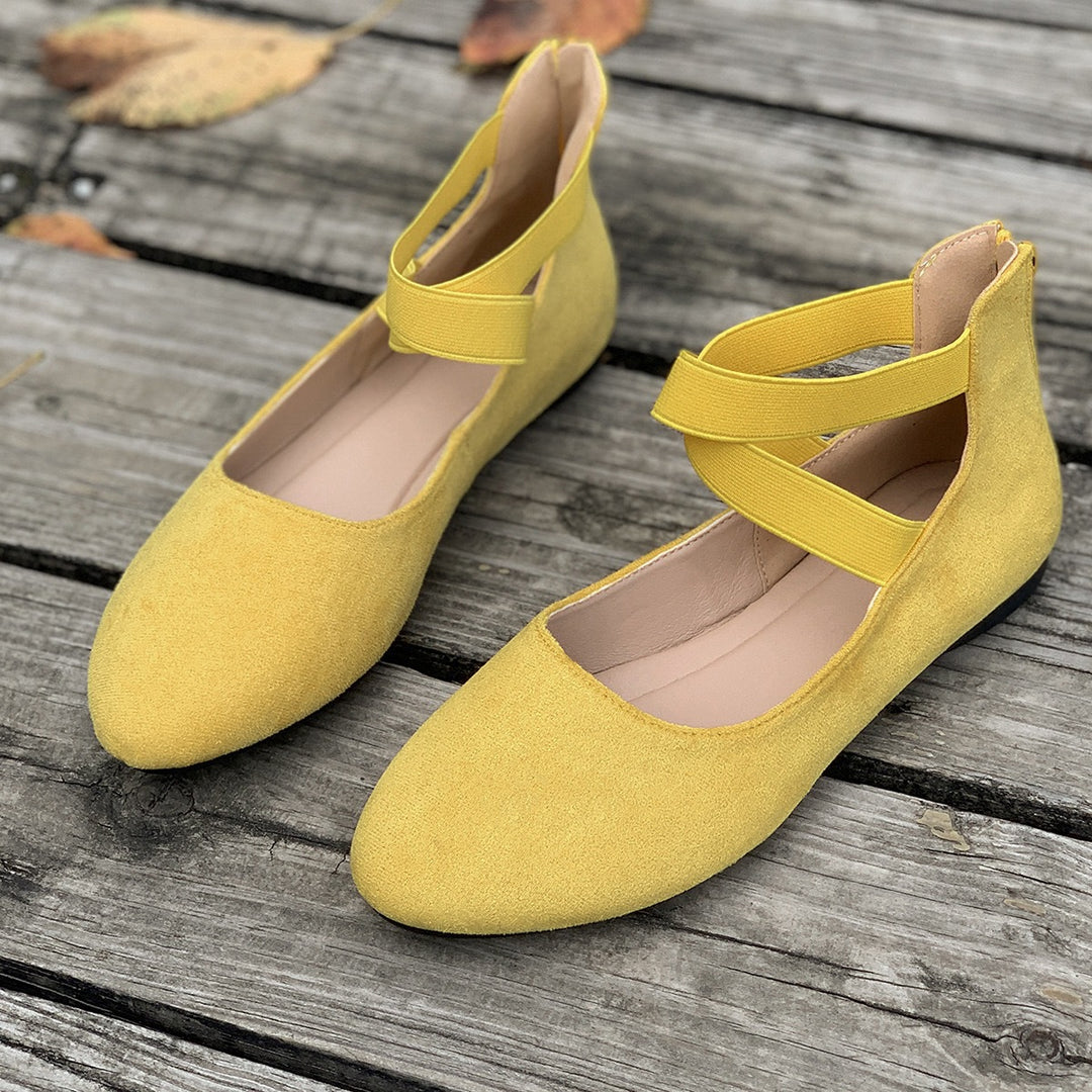 Damen Flache Ballerina-Slipper aus Wildlederimitat mit elastischen Kreuzriemen – Lioré