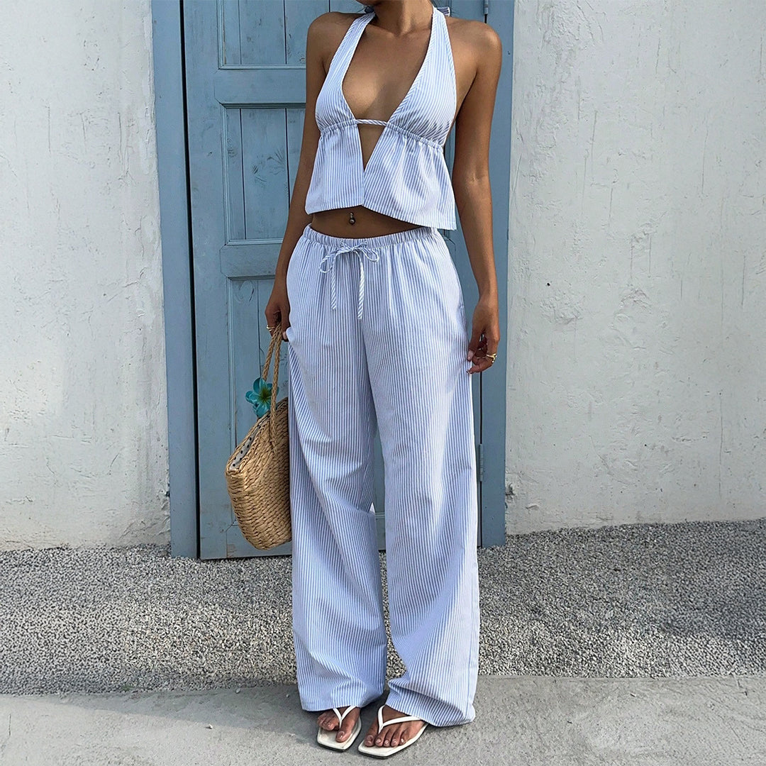 Damen Lässiges Strandoutfit mit Crop-Top und weitem Hose Echo Archiv