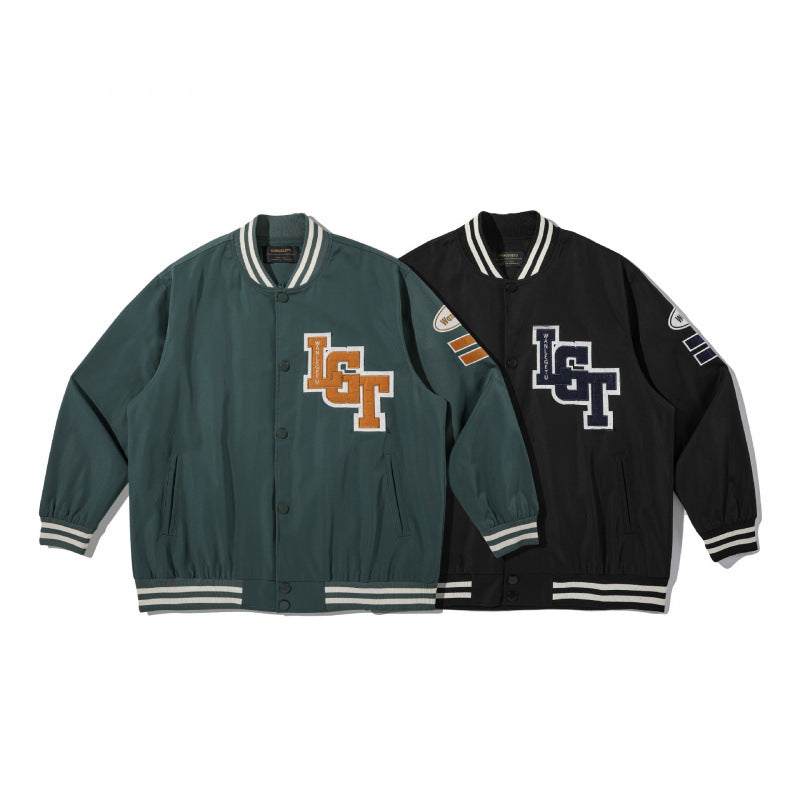 Unisex College-Bomberjacke mit gestepptem Patch, gestreiften Rippsäumen und Druckknopfleiste Echo Archiv