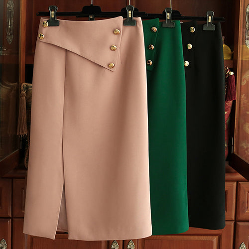 Damen Eleganter Midirock mit asymmetrischem Schnitt und Goldknöpfen Echoarchiv
