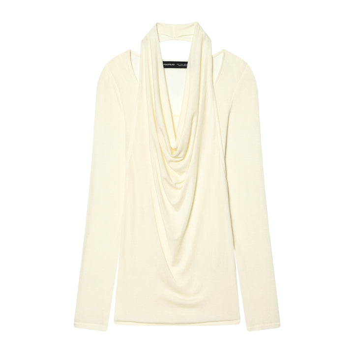 Damen drapiertes Langarmshirt mit tiefem Wasserfall-Cowl-Ausschnitt aus feinem Jersey – Avérine