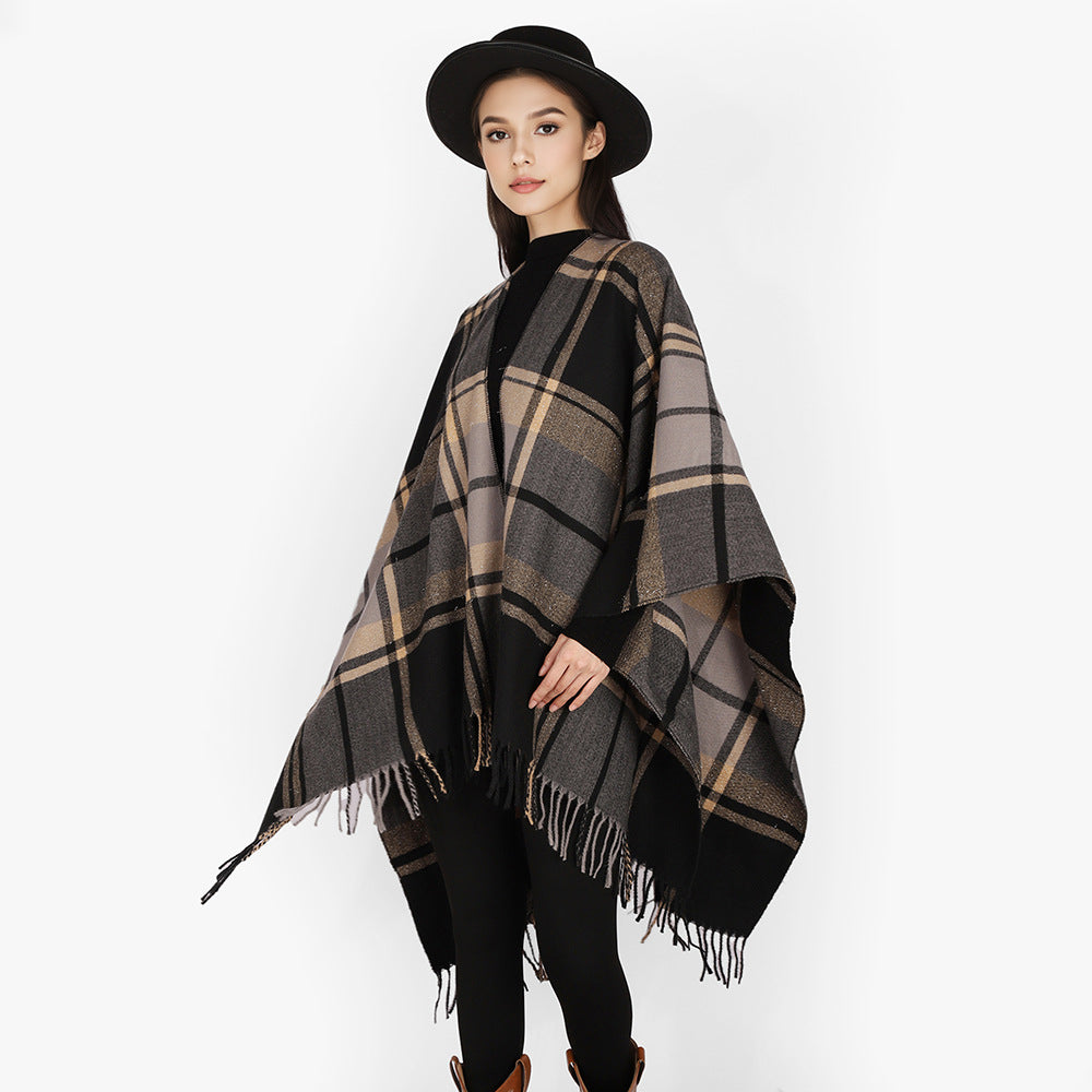 Damen Rechteckiger Plaid‑Überwurf mit weichem Wollmix und Fransensaum – Avérine