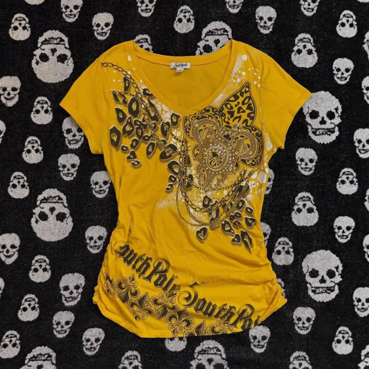Damen T-Shirt mit dekorativem Grafikdruck und Raffung Echo Archiv