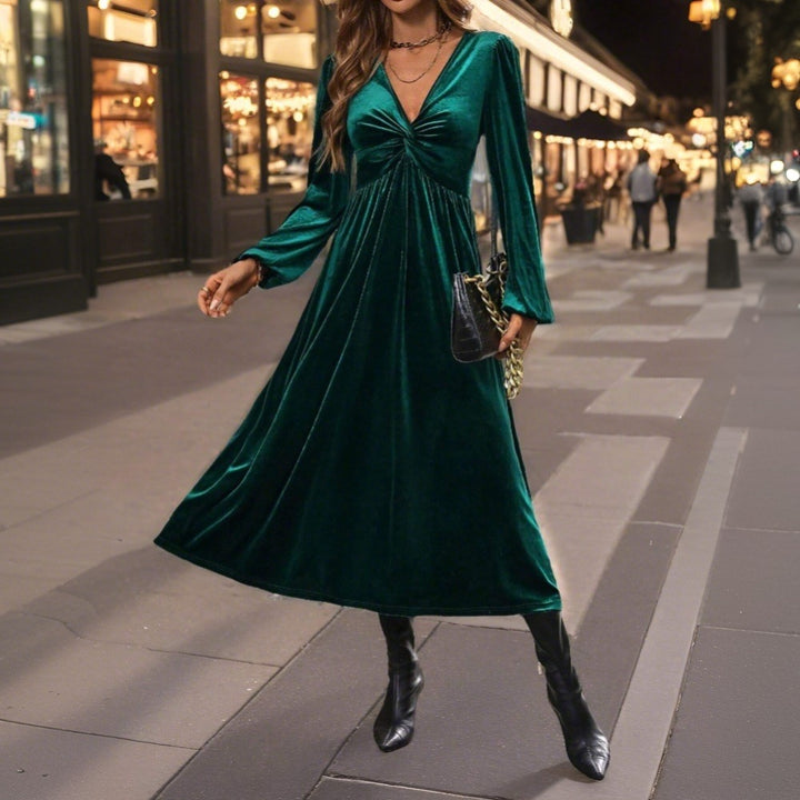 Damen Midikleid aus Samt mit gedrehtem Bustier und schwingendem Tellerrock – Élara
