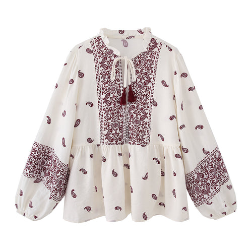 Damen boho Paisley Tunika-Bluse mit Quastenbindegürtel und voluminösen Ballonärmeln – Élovi