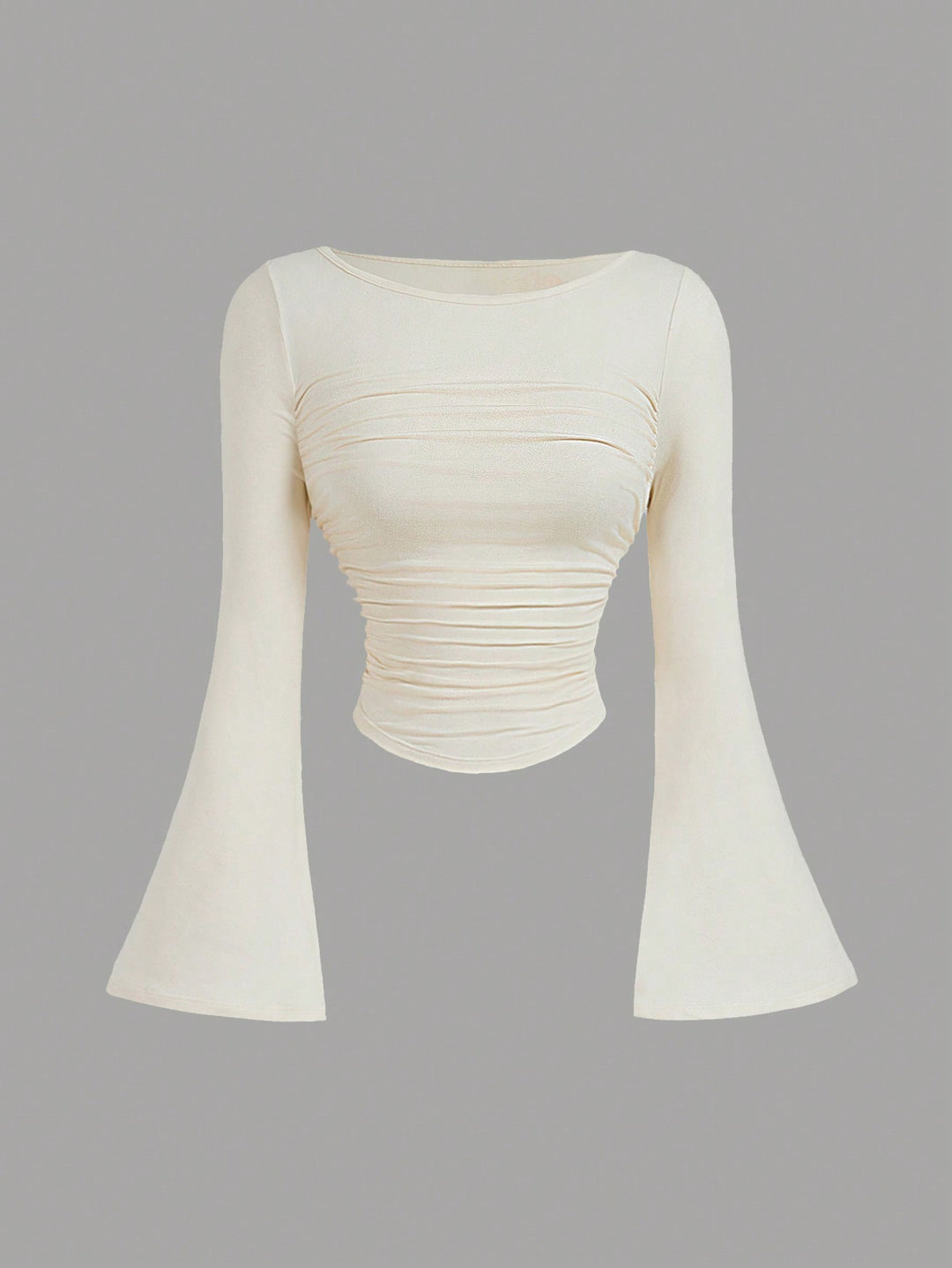 Damen Figurbetontes Langarmshirt mit Carmenausschnitt, gerafftem Rumpf und Trompetenärmeln – Avérine