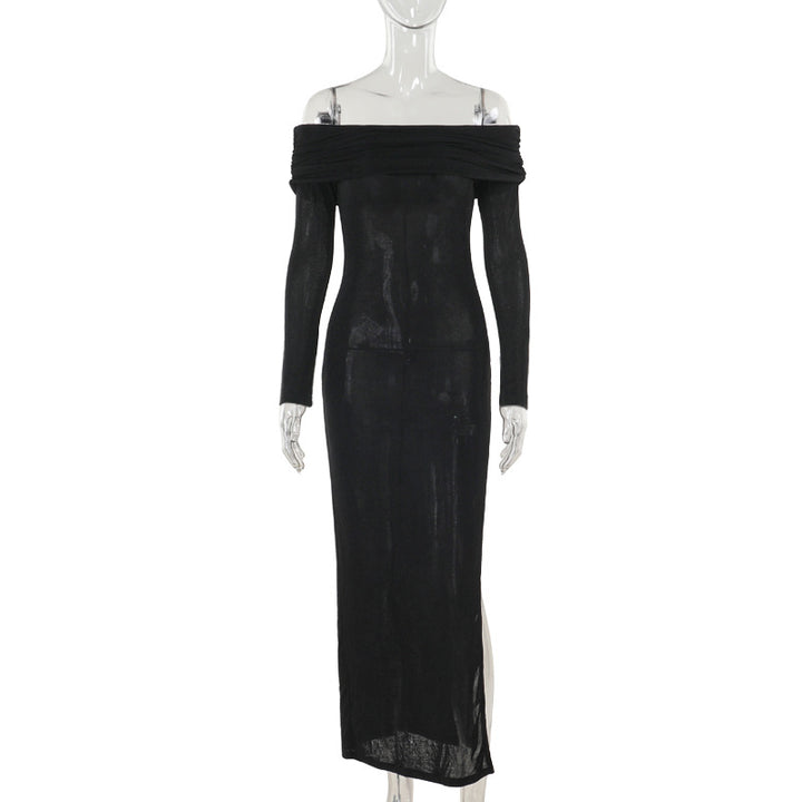 Damen schulterfreies Maxikleid mit eleganter Drapierung und transparentem Oberteil Echo Archiv