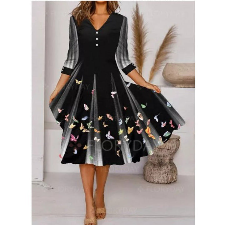 Damen V-Ausschnitt Midi-Kleid mit fließendem Rock und floralem Ärmeldesign Echoarchiv