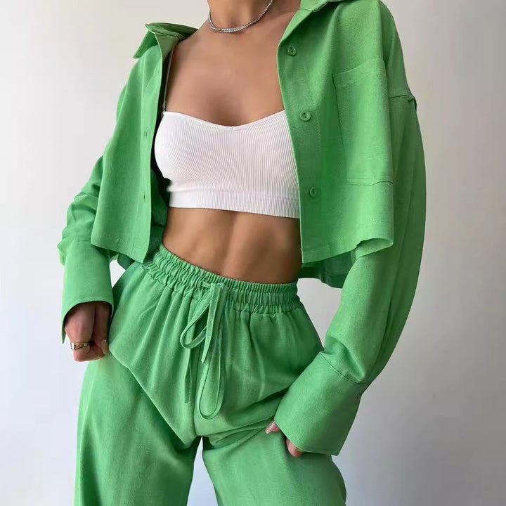 Damen Leinenoptik-Loungewear-Set mit Cropped-Overshirt und High-Waist-Tunnelzughose Echoarchiv