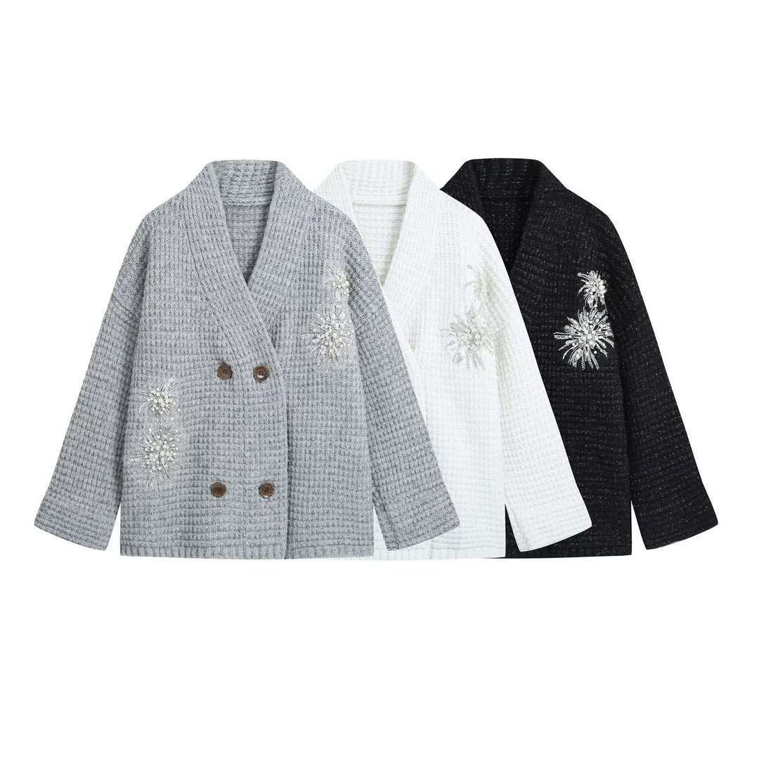 Damen Waffel-Strick-Cardigan mit doppelreihiger Knopfleiste und Schmuckapplikation Echoarchiv