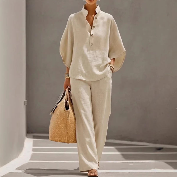 Damen Lockeres Leinenoptik-Zweiteiler mit Stehkragenbluse und weitem Palazzo-Hose – Élanora